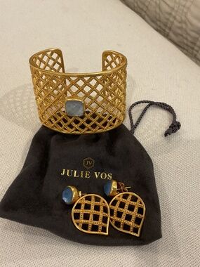 Julie Vos Loire Earrings and Stone Cuff Iridescent Chalcedony Blue